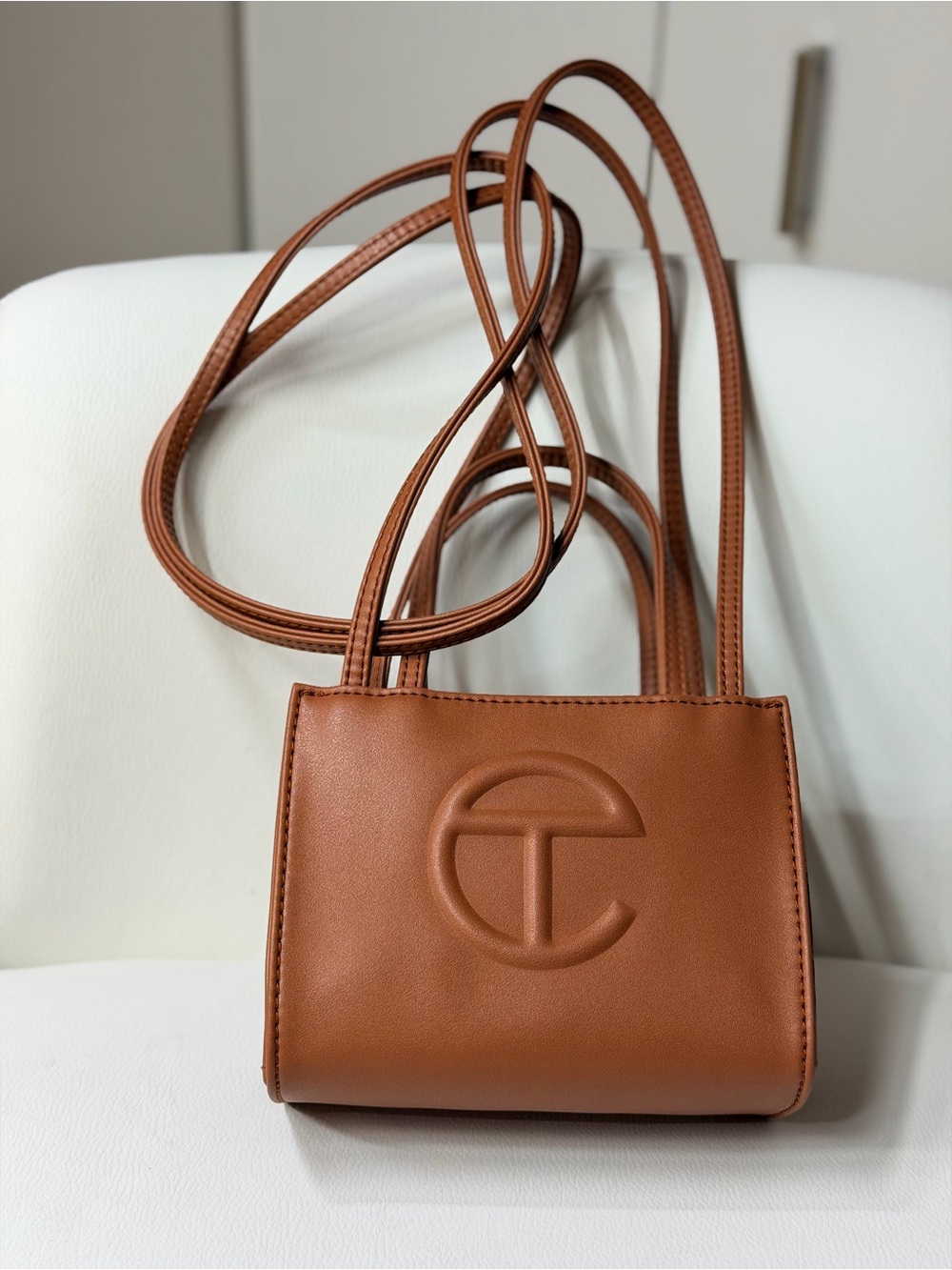 NWOT Telfar Mini Unisex Leather Crossbody Shoulder Handheld Tan Brown Embossed - Picture 6 of 9